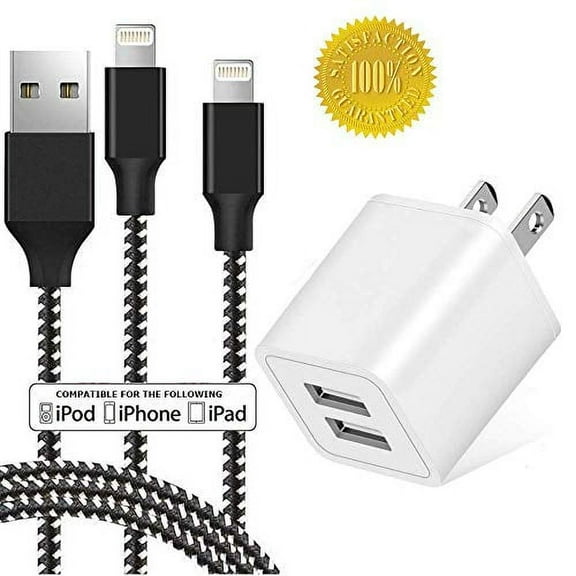 Chargers, Portable 2.4A 2-Port Travel USB Charger with 3FT / 6 FEET Nylon Braided Extra-Long USB Charging Cable & Sync Cable, Fast Charge Plug Adapter Compatible with iPhone iPad iPod (3 Pack)