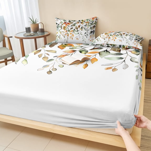 Cal.King Size Fitted Sheet Set - Orange Green Eucalyptus Leaves 3 Piece Bedding Sets 16" Deep Pocket Fitted Sheet with 2 Pillowcases, Fall Botanical Watercolor Brushed Microfiber Hotel Bed Sheets