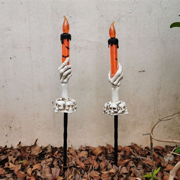 Paquete de 2 Portavelas de Calavera de Halloween Estacas de Luz de Vela de Halloween Lámpara de Vela sin Llama de Mano Fantasma de Esqueleto para Fiestas de Vacaciones ANGGREK Otros