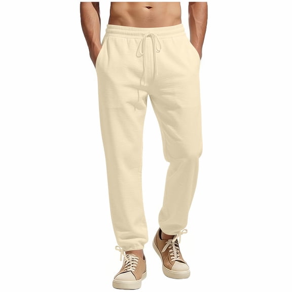 Mifsaly Cotton Linen Joggers For Men Elastic Waist Drawstring Athletic Tapered Fit Pant Gym Workout Running Training Lounge Trousers With Pockets XXL
