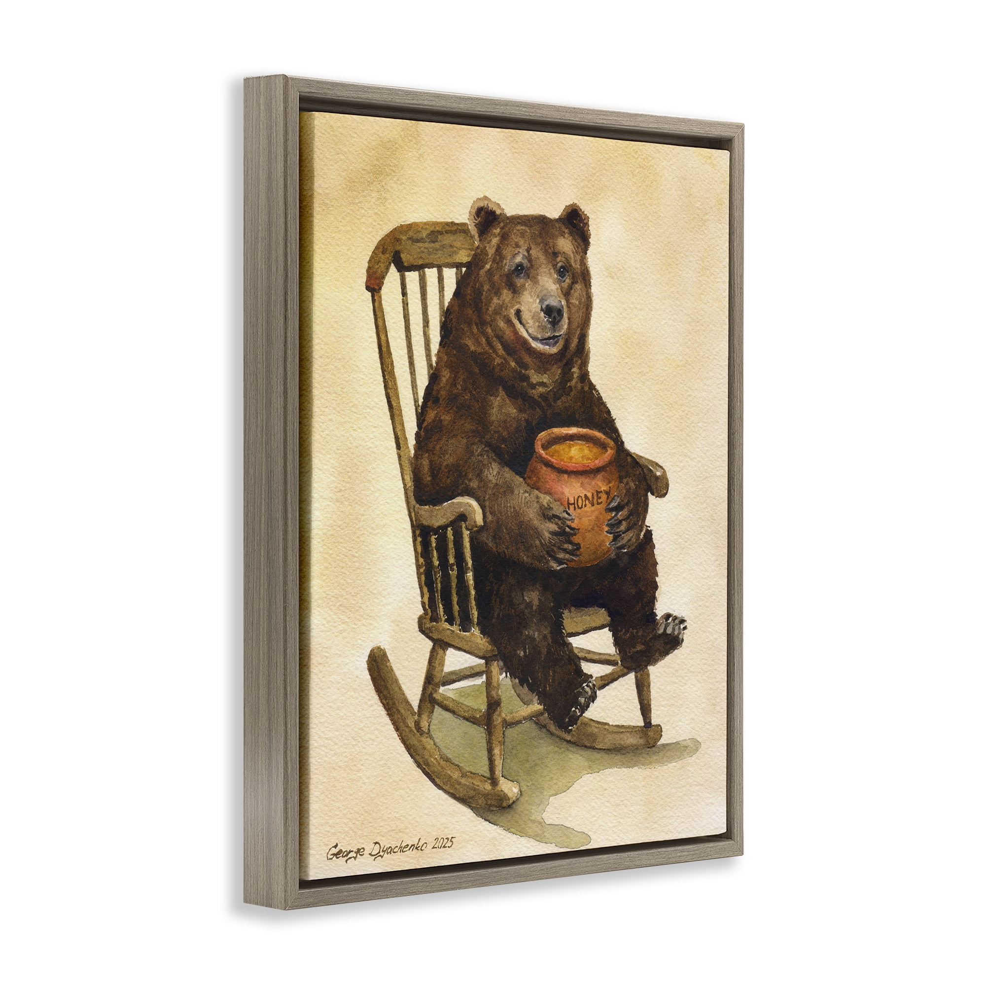 Stupell Industries Happy Bear & Pot of Honey Brown Framed Floater Canvas Wall Art, design by George Dyachenko
