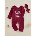thumbnail image 5 of Spewahor Infant Baby Girl Fall Romper Letter Print Ribbed Long Sleeves Round Neck Full Length Jumpsuit with Headband, 5 of 9