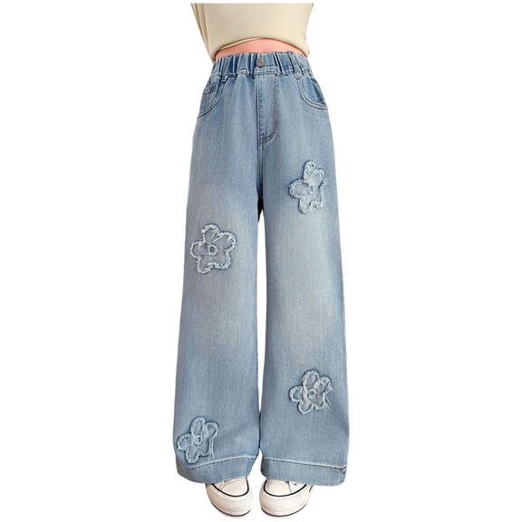Staki Girls Ripped Jeans Girls Wide Leg Jeans Baggy High Elastic Waist Denim Pants Cute Trendy Tween Streetwear 5-9Y 10-16Y(Blue,13-14 Years)