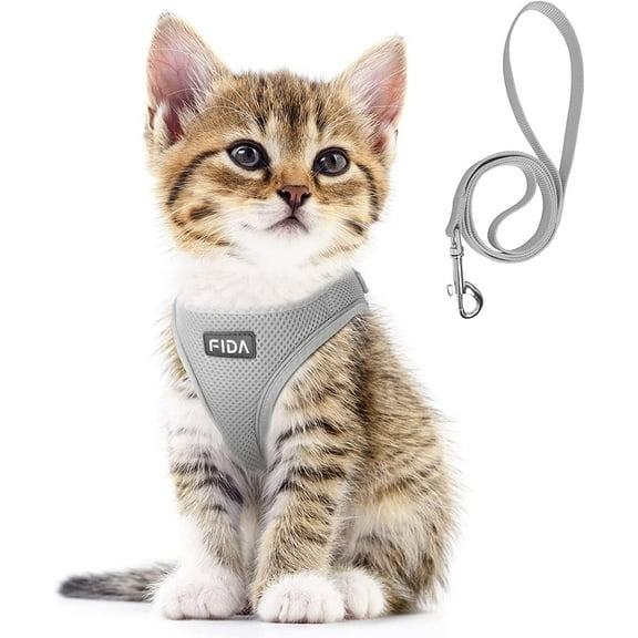 Fida Cat Harness and Leash Set for Walking Kitten and Puppy, Escape Proof Kitten Harness with Breathable Lightweight Soft Mesh, Adjustable Reflective Step-in Design for Kitten and Puppy.(XXXS, Grey)