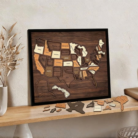 Rongyun Wooden USA Travel Map Puzzle, 50 States Wood Map Puzzle for Wall, United States Map Board with State Pieces, USA Geography Map Wall Decor