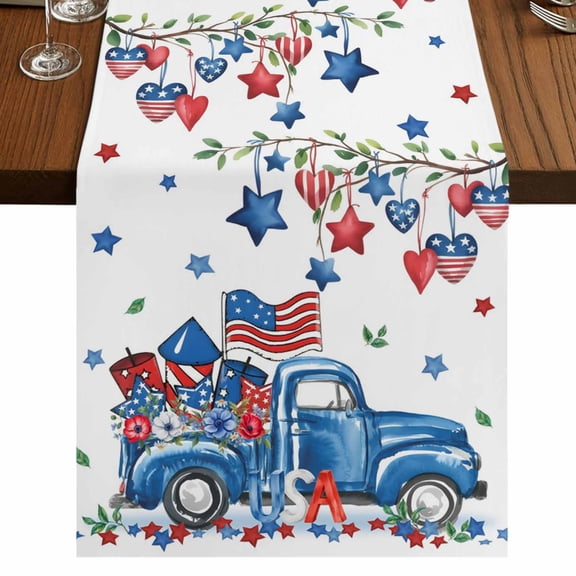 Table Runners 48 Inches Long Dress Scarves, Independence Day Farmhouse Kitchen Table Runner, Short Coffee Tablerunners, Farmhouse American Flag Truck Star Love 13x48 Inch