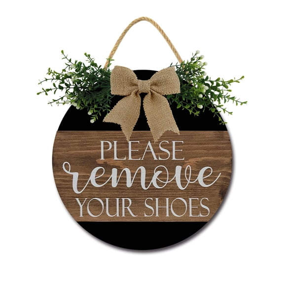 Please Remove Your Shoes Front Door Sign Funny Wreaths Hanging Wooden Plaque Decoration Round Rustic Wood Farmhouse Porch Decor for Home Front Door Decor, 11 x 11 Inch