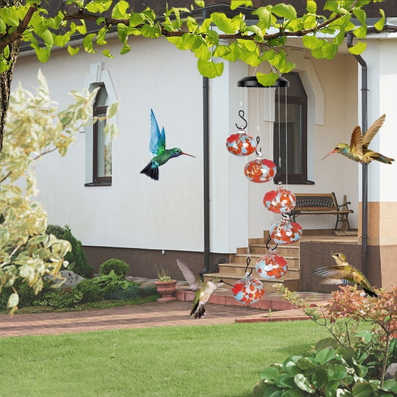 LACKUST Hummingbird Feeder Wind Chime, 6-Port Hand-Blown Glass Hanging Bird Feeder for Outdoors, Decorative Garden Yard Art Patio Decor, Gift for Bird Lovers