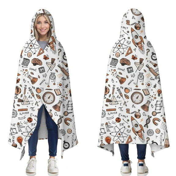 Wearable Blanket,Math Equations Science Icons White Pattern Hooded Wearable Sherpa Blanket for Adults & Teens,Winter Poncho Shawl Wrap Cape Thick Warm,50"x60"