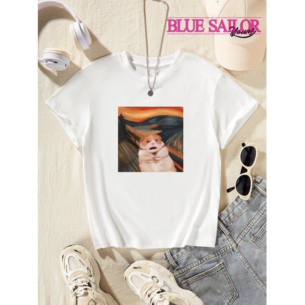 Surprised Hamster Print Crew Neck T-shirt For Girls, Casual Short Sleeve Top, Girl's Clothing For Summer Daily Wear