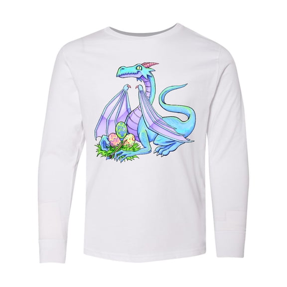Inktastic Blue Easter Dragon with Painted Eggs Long Sleeve Youth T-Shirt