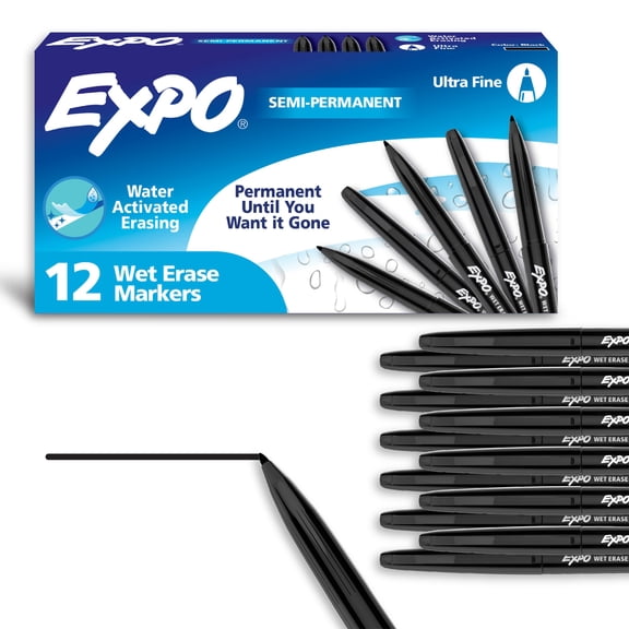 EXPO Vis-a-Vis Wet-Erase Markers,  Ultra Fine Tip, Black, Box of 12