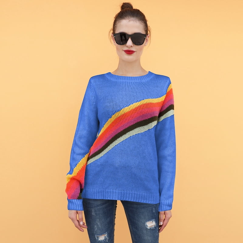 black sweater with rainbow stripes
