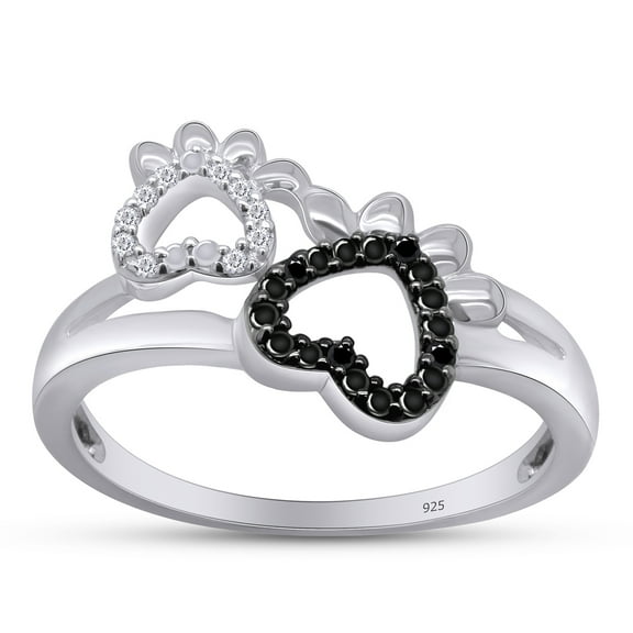 AFFY Round Cut White & Black Diamond Paw Print Promise Ring In 14K White Gold Over Sterling Silver