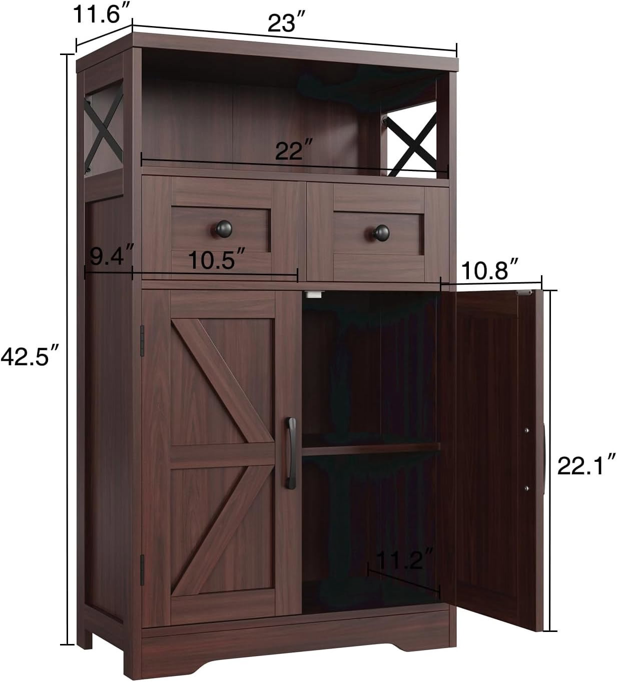 Pantry Cabinet, 43" Kitchen Pantry Storage Cabinet with Open Shelf , 2 Drawers, Adjustable Shelves, Dark Brown