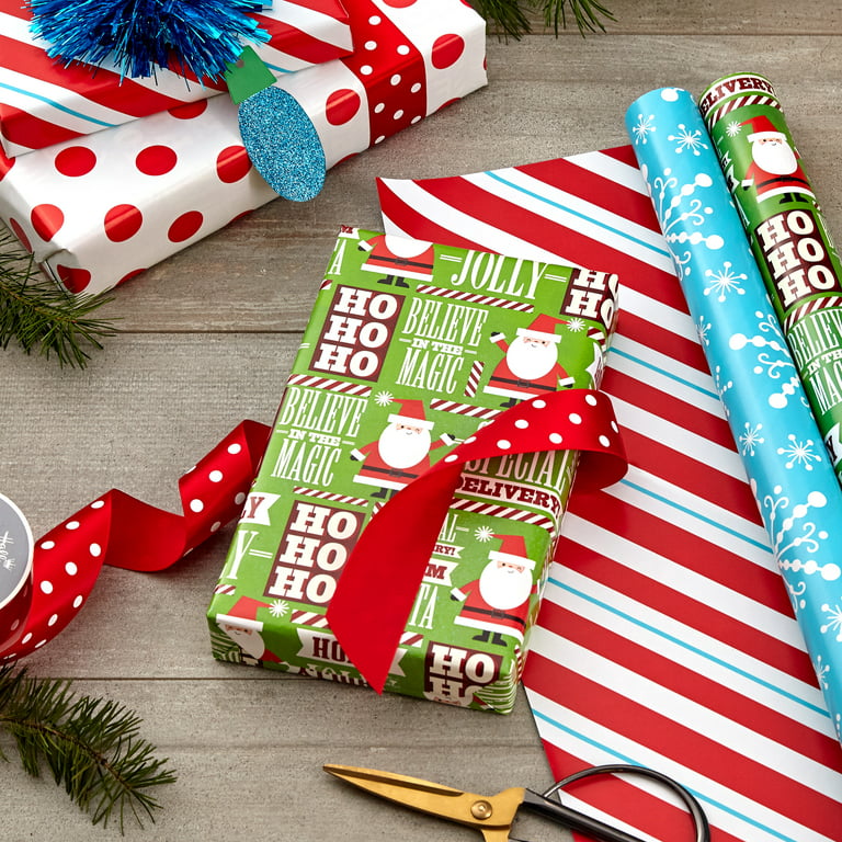 Hallmark Kraft Christmas Wrapping Paper (4 Rolls: 88 sq. ft. ttl) Red  Trucks, Snowflakes, Red Stripes, Merry Christmas & Black Christmas Wrapping