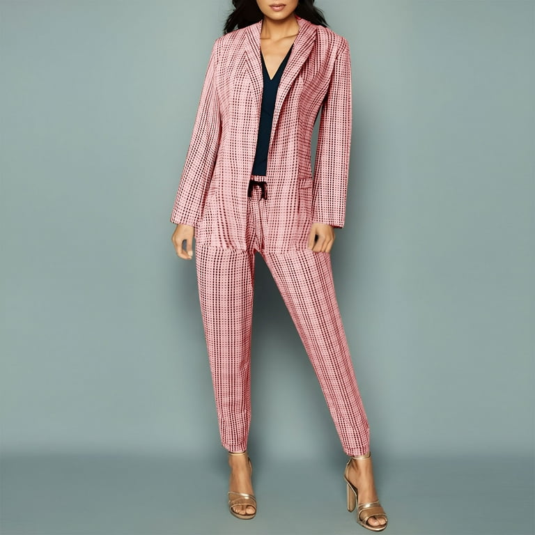 TANGNADE Women's Two-piece Lapels Suit Set Office Business Long Sleeve  Formal Jacket Slim Fit Trouser Suit Pink M