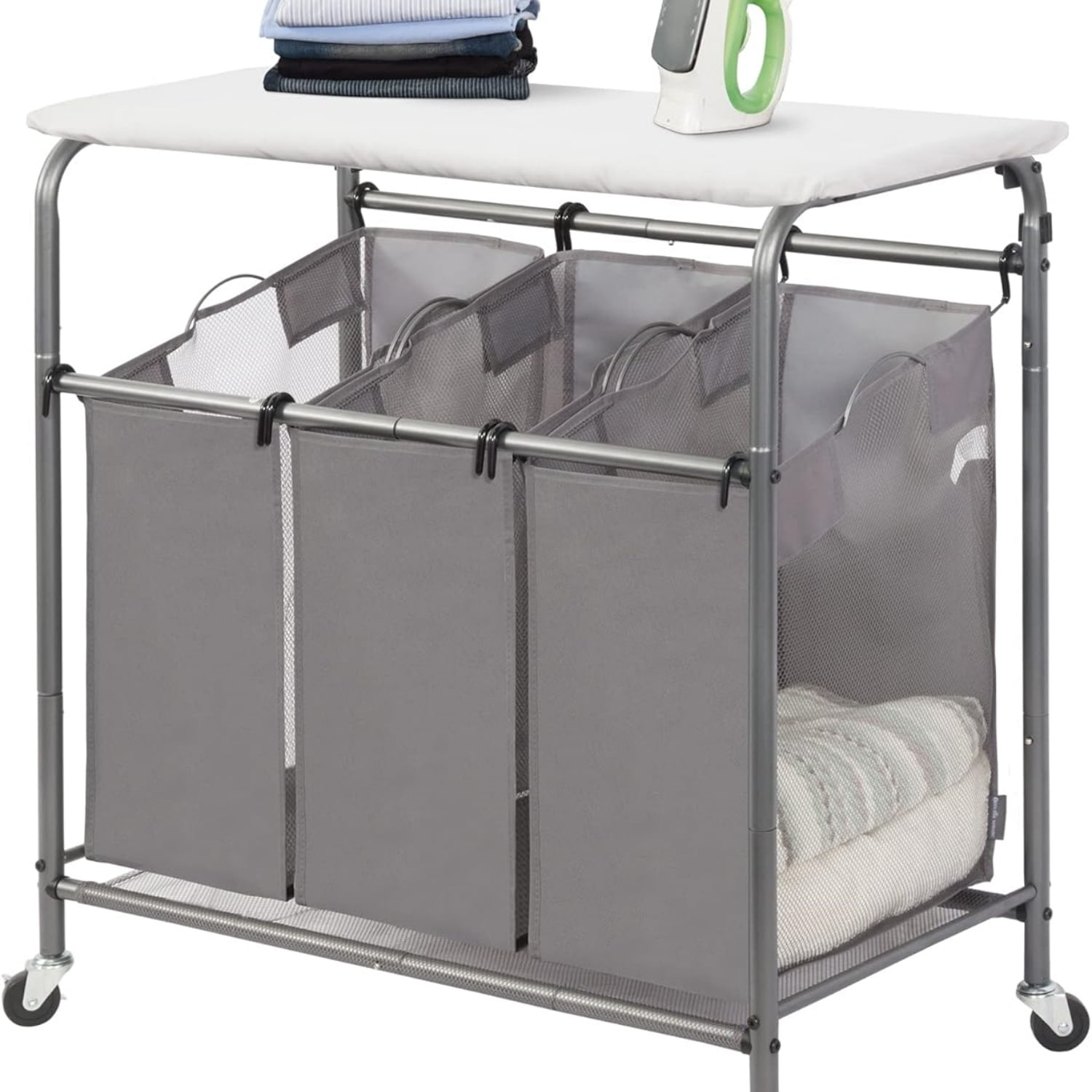 3-Section Laundry Sorter with Foldable Ironing Board, Heavy-Duty Rolling Laundry Cart with and Removable Bags, Triple Laundry Hamper with Wheels, Dark Grey
