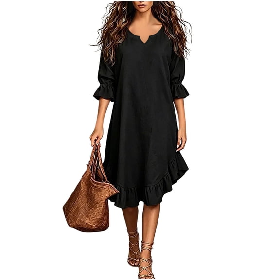 QUNYINEY Black Womens Dresses Casual Midi Summer 3/4 Sleeve A Line Dress Flowy V Neck Ruffle Loose Fit Dresses