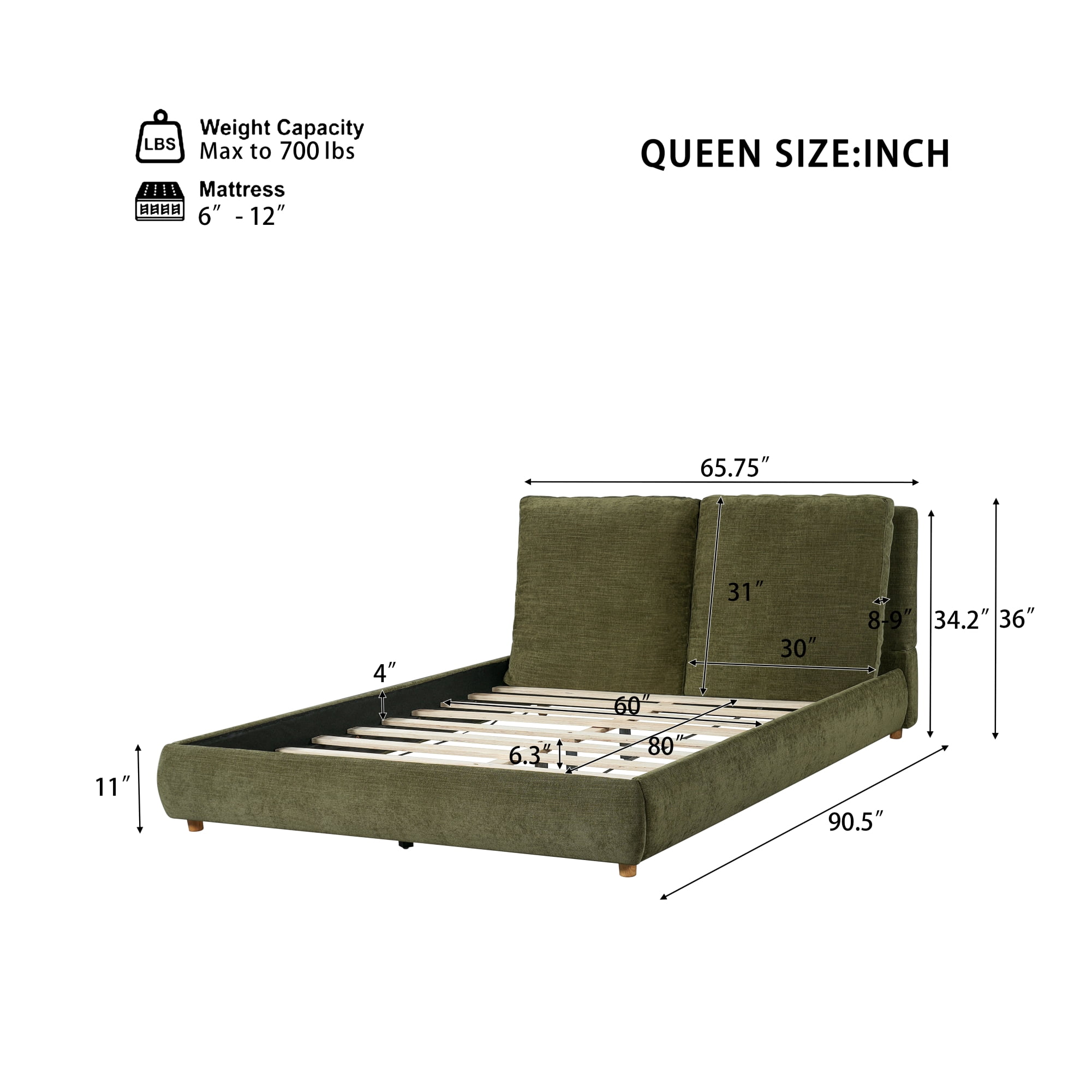 Christopher Knight Home Queen Upholstered Bed Frame with Removable Pillow Headboard, Olive Green