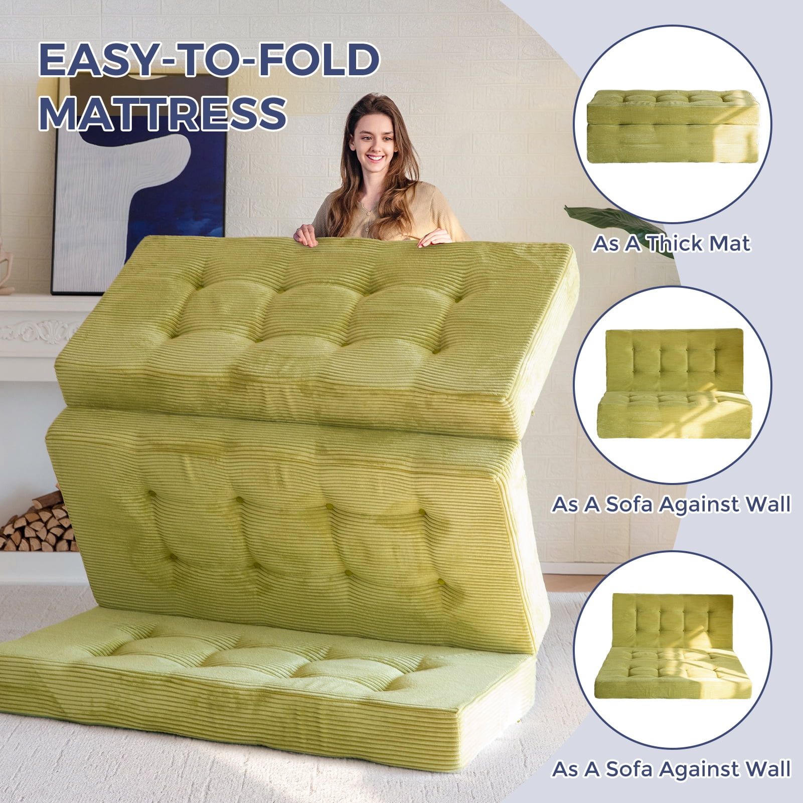 BYBYME 6 inch Tri-Fold Mattress,Corduroy Folding Mattress Made of a Whole Foam,Memory Foam Mattress Topper Perfect for Sleeping,Camping,Queen,Green