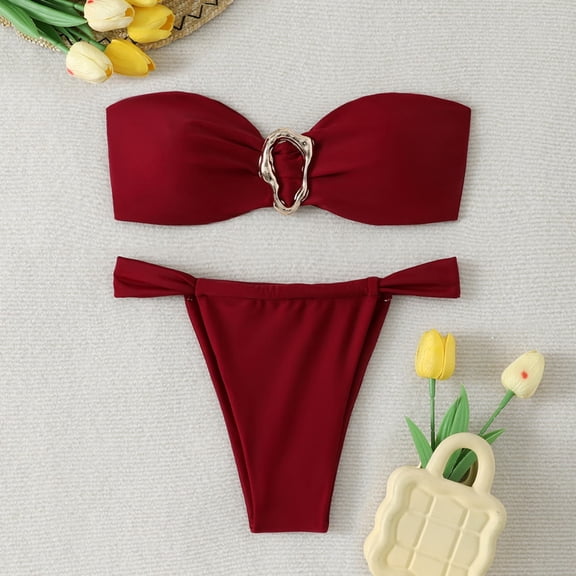 Roncen Women's Strapless Bikini Sets Tube Top Bandeau Swimsuit Tie Back Mid Rise Two Piece Bathing Suits