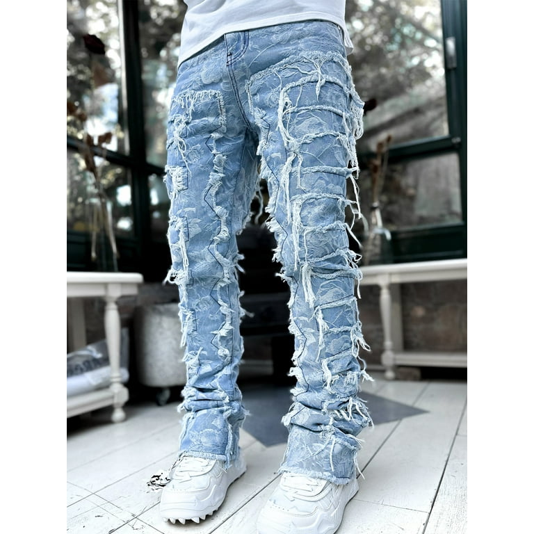 Mens Stacked Jeans Fashion Slim Fit Ripped Skinny Jeans Trendy Frayed Raw  Hem Denim Pants Hip Hop Streetwear Trousers