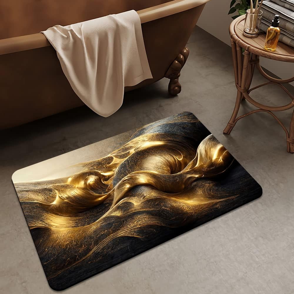 Bath Mat Rug,Black Gold Marble rippleNon Slip Quick Dry Super Absorbent Thin Bathroom Rugs Fit Under Door-Easy to Clean Bathroom Floor Mats-Shower Rug for Shower Sink Bathtub(20" x 31"in)