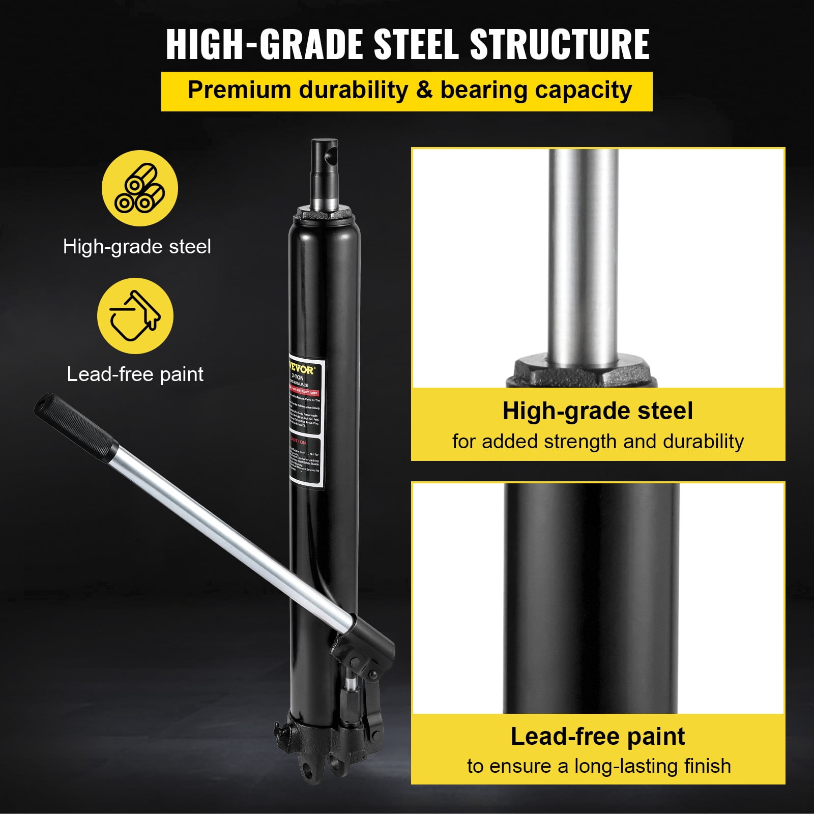 VEVOR Hydraulic Long Ram Jack, 3 Tons/6600 lbs Capacity, with Single Piston Pump and Clevis Base, Manual Cherry Picker with Handle, for Garage/Shop Cranes, Engine Lift Hoist, Black