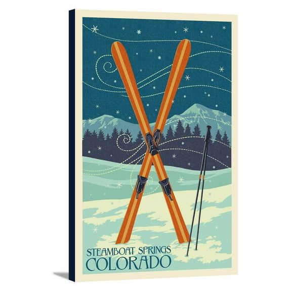 Steamboat Springs, Colorado - Crossed Skis - Letterpress - Lantern Press Poster (24x36 Gallery Wrapped Stretched Canvas)