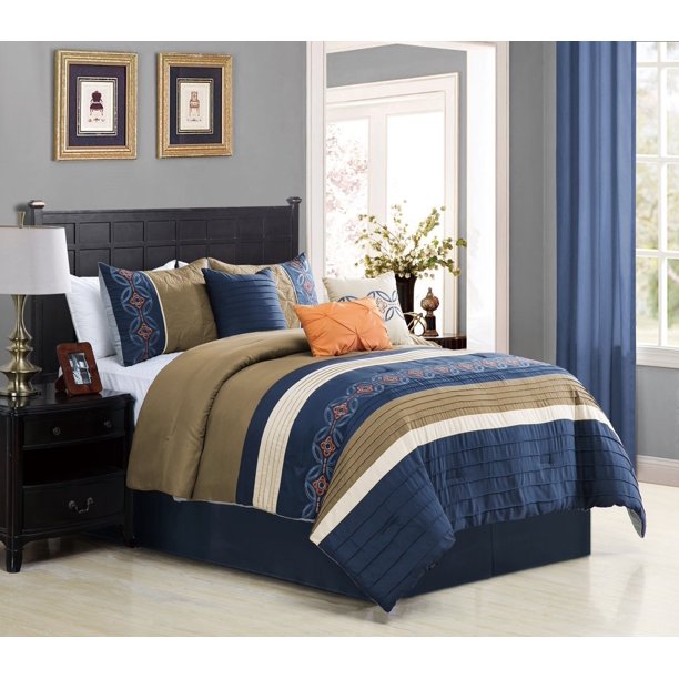 WPM 7 Piece Bedding set, Navy Blue, Beige, Taupe Comforter with Accent
