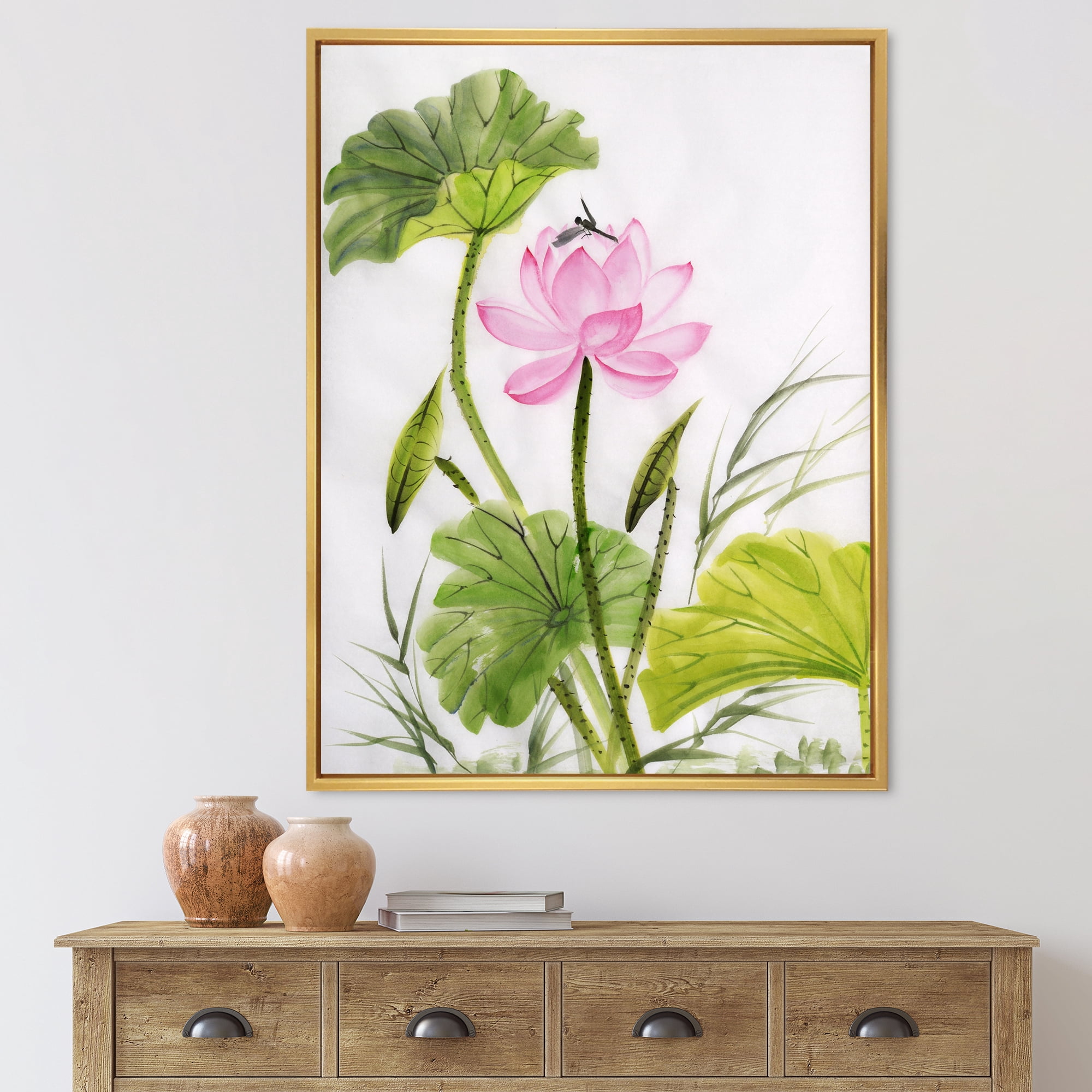 Designart 'Single Vintage Pink Lotus Flower With Green Leaves' Traditional Framed Canvas Wall Art Print