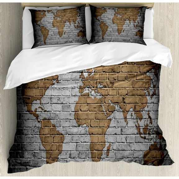 Ambesonne Vintage Duvet Cover Set, Countries Continents, Calking, Pale Grey Pale Brown