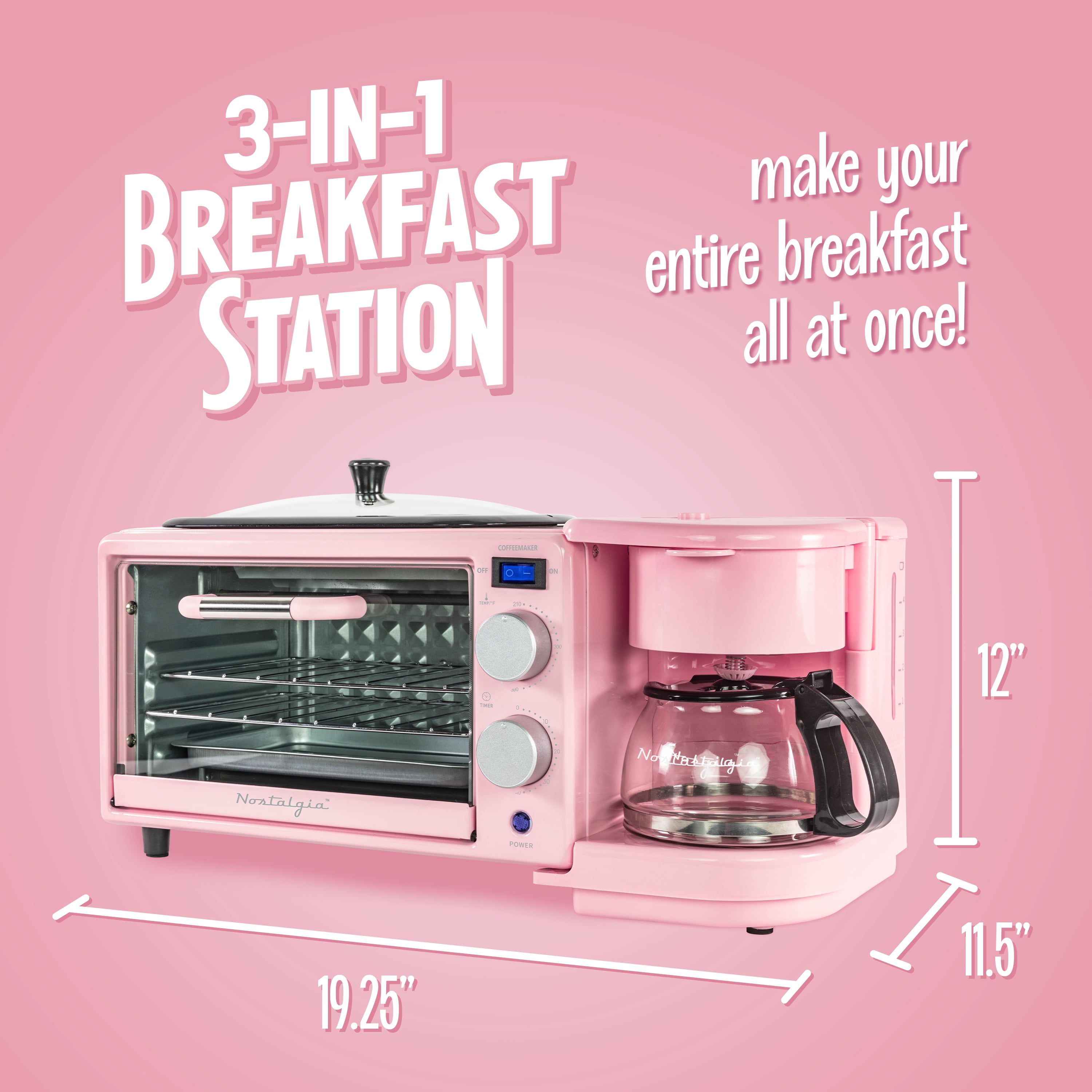 Nostalgia 3-in-1 Retro Breakfast Station - Includes 5 Cup Coffee Maker, Non-Stick Ceramic Griddle, and 4-Slice Toaster Oven - Built-In Timer, Reusable Coffee Filter, Space-Saving Design - Pink