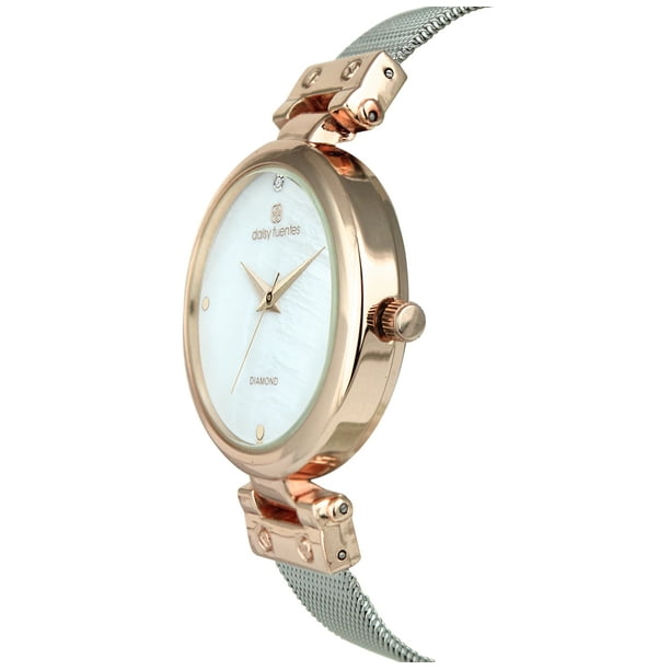 DAISY FUENTES Womens Watches Two tone Rose Gold Watch with Mesh Strap Quartz movement Diamond Accent Bracelet Set Elegant Style and Versatile