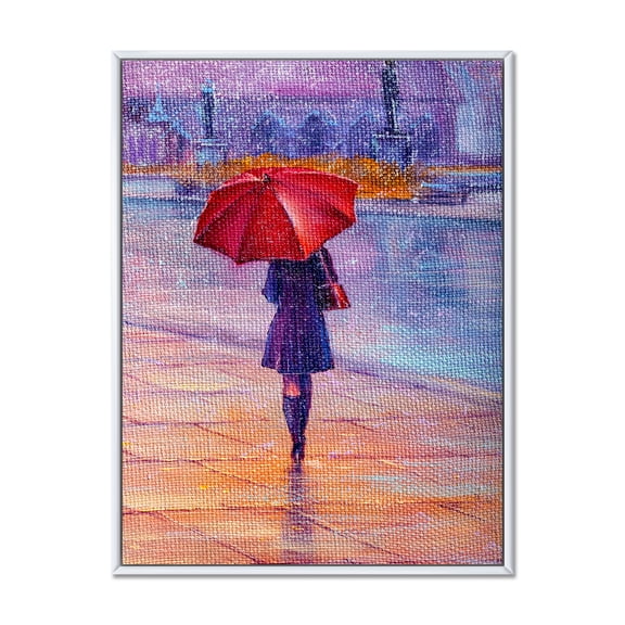 Designart 'Girl Walking With Red Umbrella Under The Rain' French Country Framed Canvas Wall Art Print