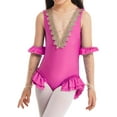 thumbnail image 4 of YiZYiF Big Little Girls Halloween Showman Costume Mesh Splice V-Shape Back Leotard with Arm Sleeves Rose Red 5, 4 of 7