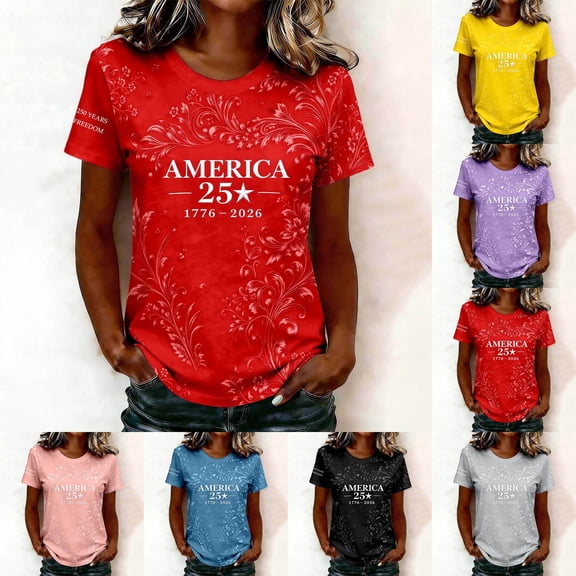 250 Anniversary Usa Shirt Summer Tops for Women Graphic Tees Stylish Printed Short Sleeve Round Neck Comfortable Casual Daily Everyday Wear