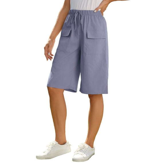 Fancyglim Bermuda Shorts for Women Summer Casual Loose Comfy Knee Length Drawstring Beach Shorts with Pockets Blue XL