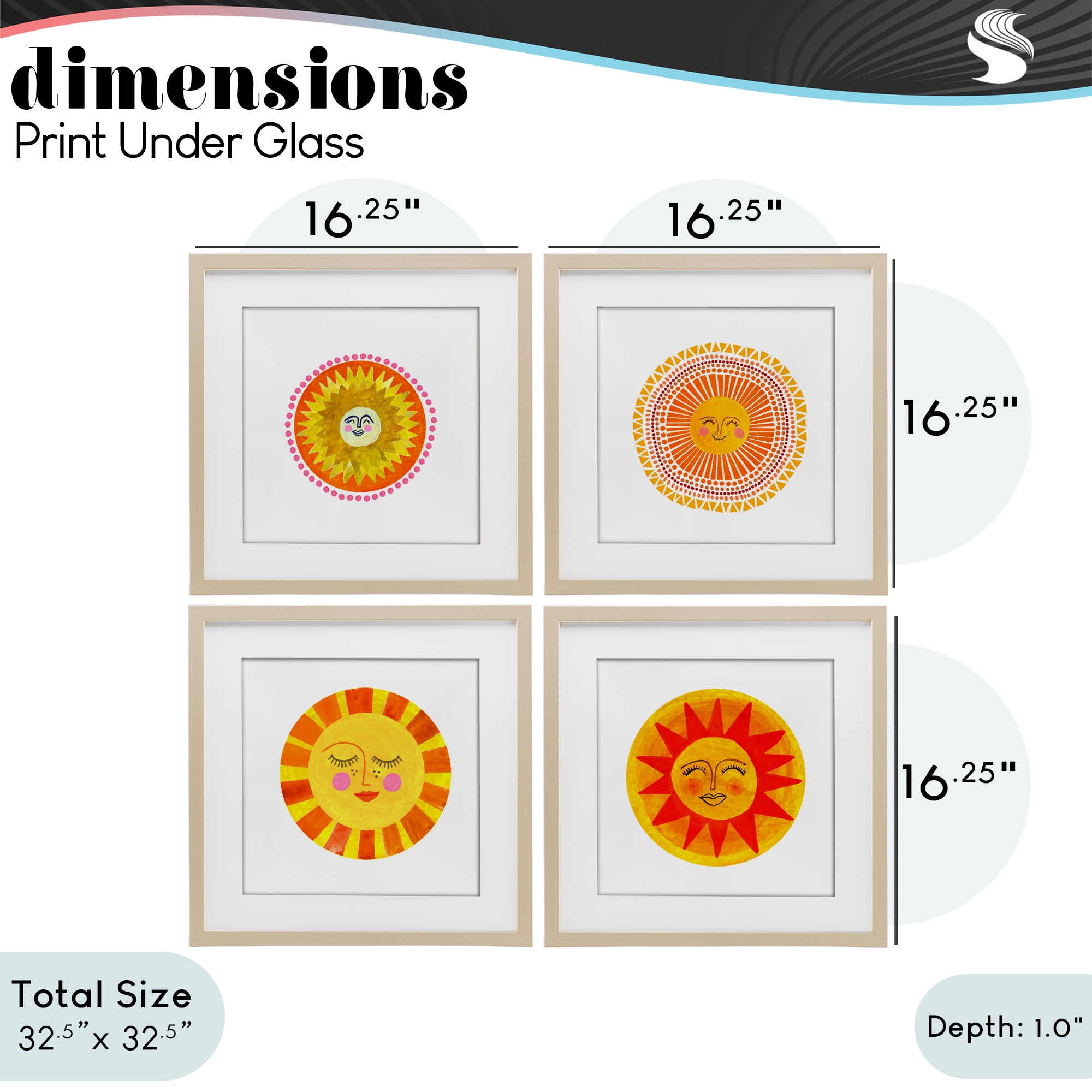 Stupell Industries Whimsical Smiling Suns 4 Piece Birch Framed Print Under Glass Set, design by Katherine Herrell Studio