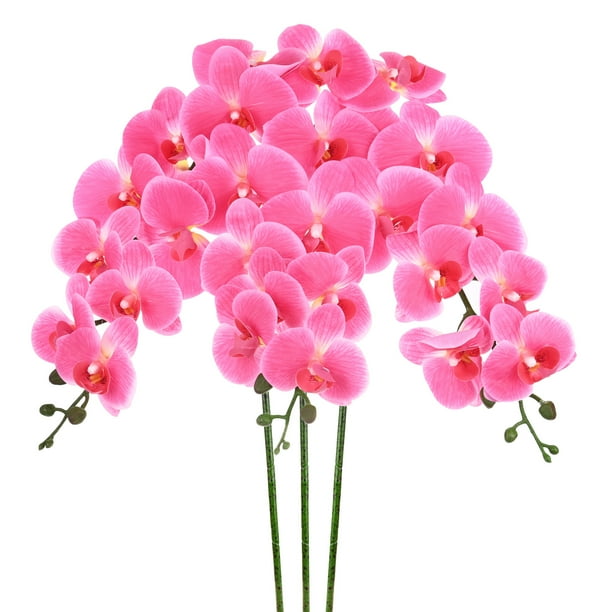 Uxcell 3-Pack Flores de Orquídea Artificial 9 Pétalos Grandes 37 Pulgadas Ramo de Seda Phalaenopsis Rojo Rosa Orquídeas Falsas para Hogar/Boda