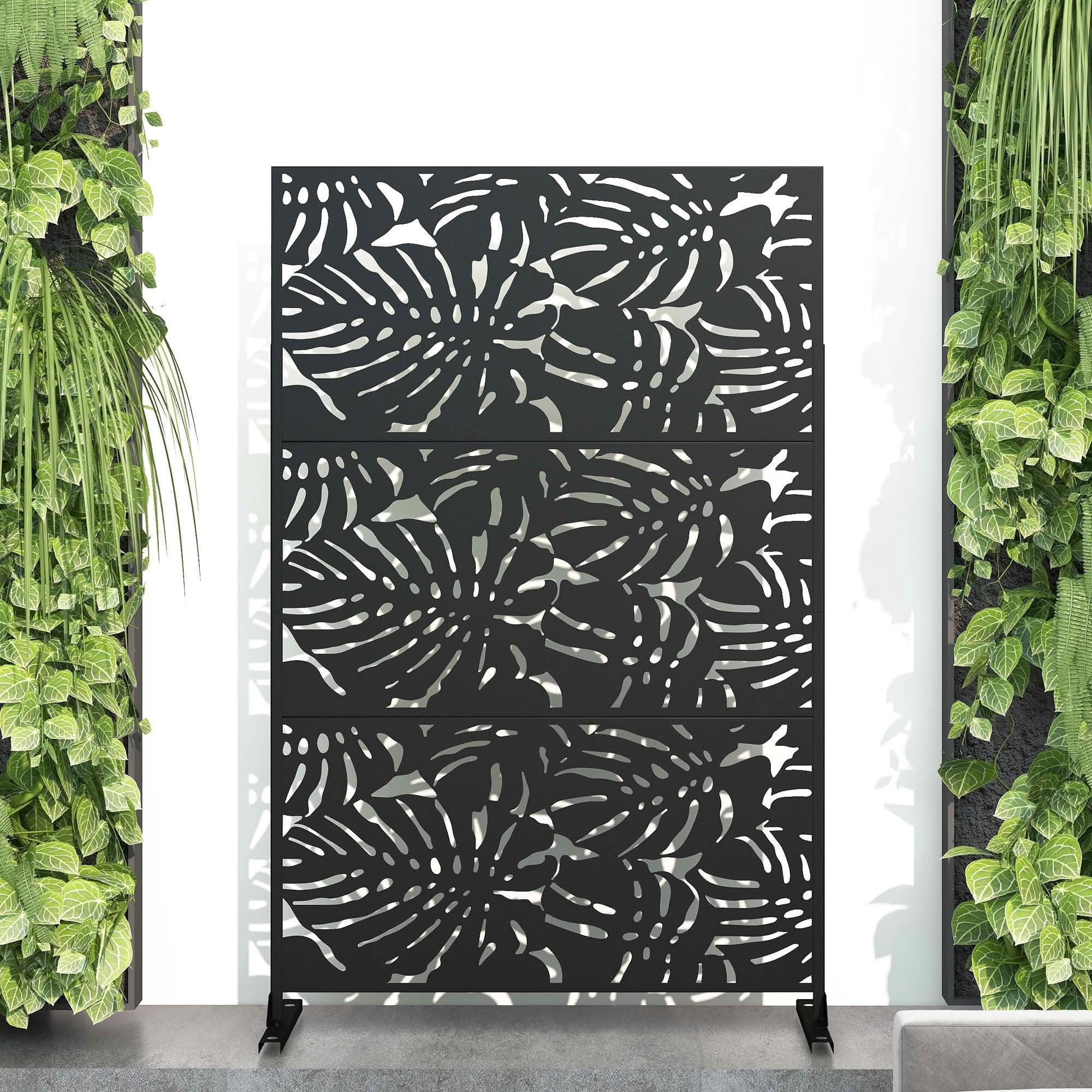 MAYEERTY 72x47x16 Inch Black Monstera Galvanized Steel Privacy Screen, 3 Piece Set for Outdoor Garden