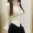 thumbnail image 3 of Women Slim Fit Plain Long Sleeve Button Down Collar Shirt Blouse Sexy Solid Top, 3 of 11