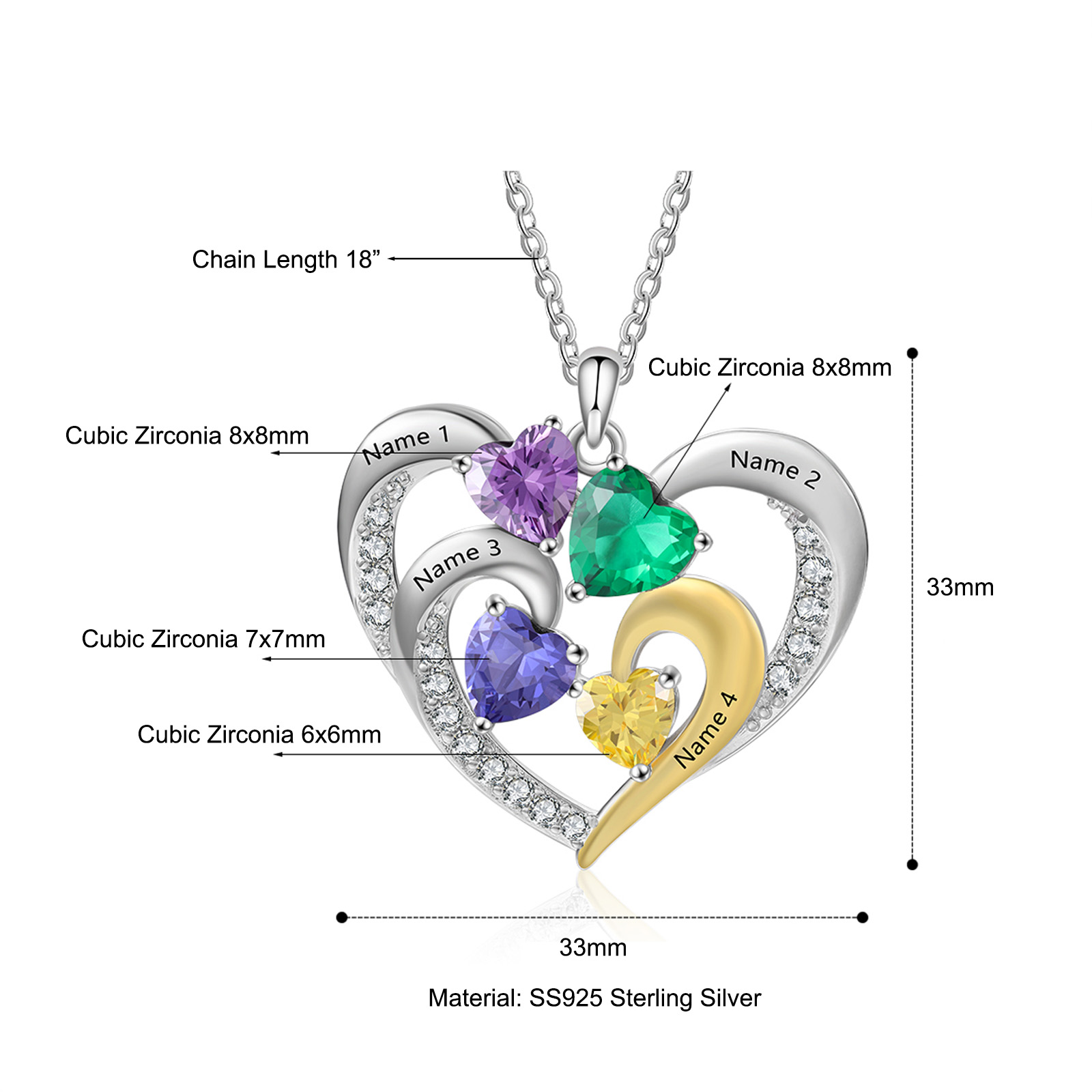 Mementos Personalized Sterling Silver Family Women's Necklace with 4 Birthstones and Names