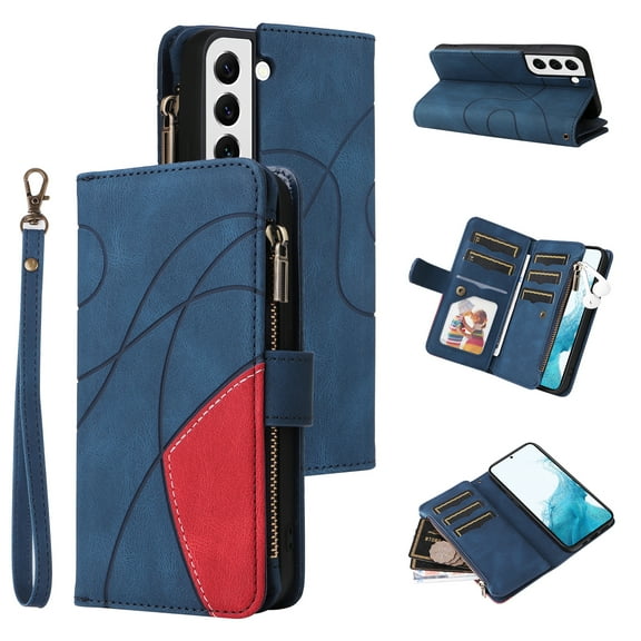 Zipper Wallet Case for Samsung Galaxy S22 Plus Large Capacity Card Slots Holder Magnetic Cover, Luxury PU Leather Anti-Shock Flip Folio Case with Kickstand Wrist Strap Handbag Protective Case,Blue