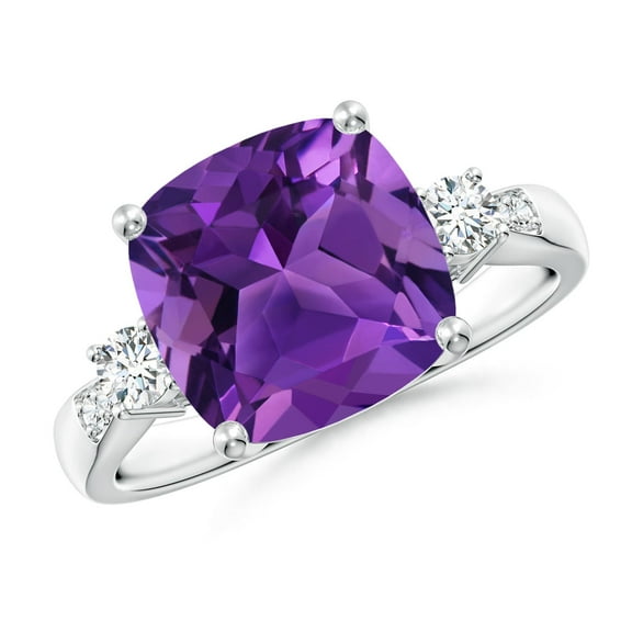 ANGARA Natural Cushion 3.65 ct Amethyst Solitaire Ring with Diamond Accents in 14K White Gold for Women (Size-10mm) | February Birthstone, Anniversary, Jewelry Gift for Women | Natural Amethyst Ring