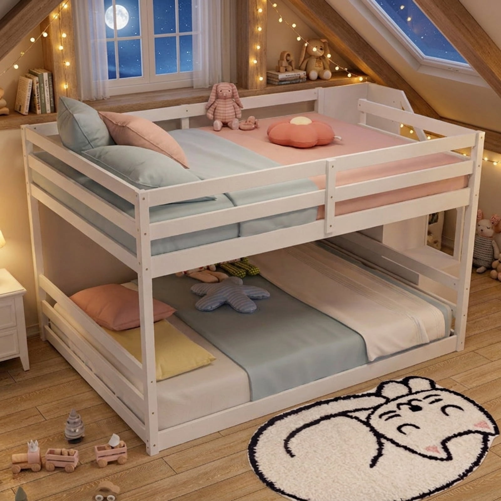 Furnibear Solid Wood Full Over Full Low Bunk Bed with Storage Stairs and Headboard for Kids Bedroom Platform Sleep Space, White