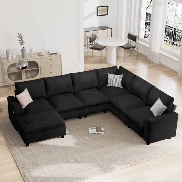 Noble House 120.1" L Shaped Modular Sectional Sofa, 7 Seater Sectional Sofa with Storage Ottoman,Black