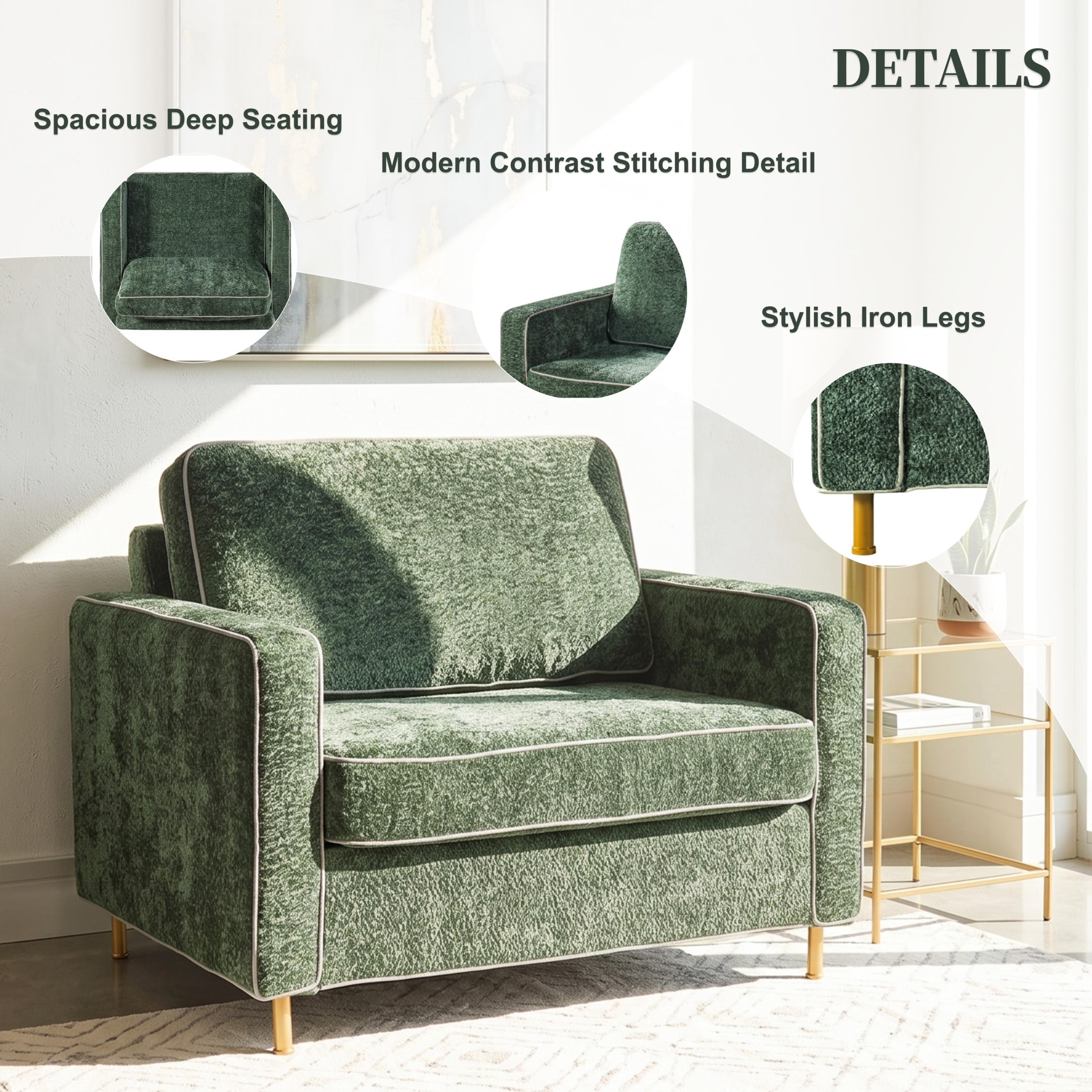 Christopher Knight Home Modern Chenille Upholstered Single Sofa with Square Arms, Pillow Back, Green