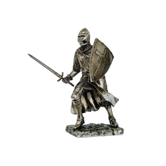 Crusader Knight Statue Silver Finishing Cold Cast Resin Statue 7" (8714)